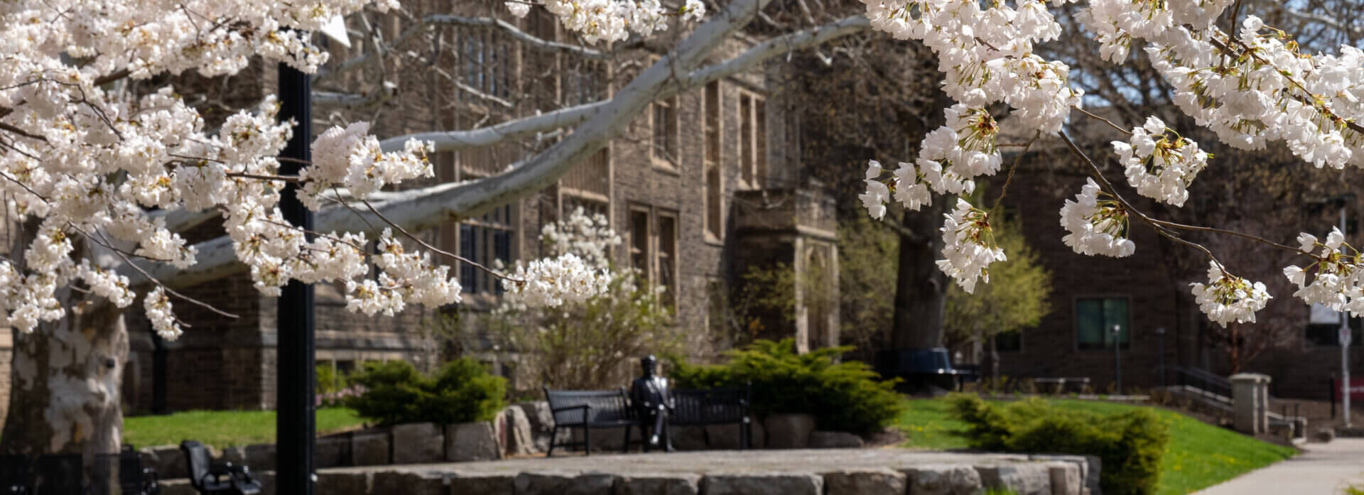 Student sitting on bench in front of a building on a university campus