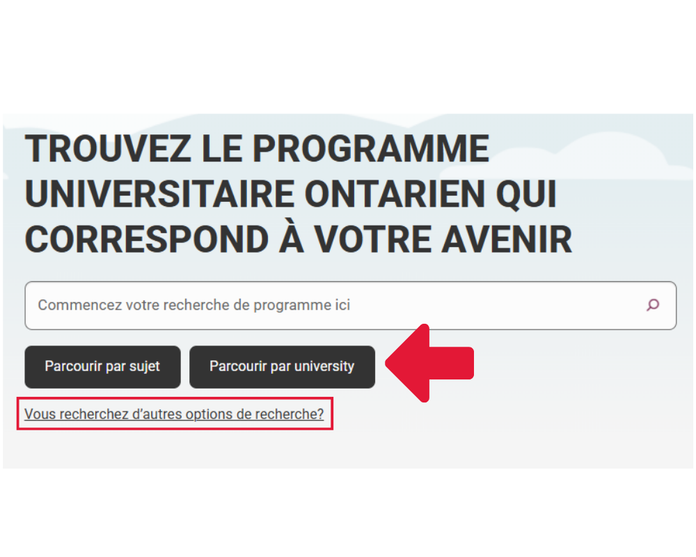 Lien vers les autres options de recherche mis en évidence dans la page d’accueil d’Info-UO