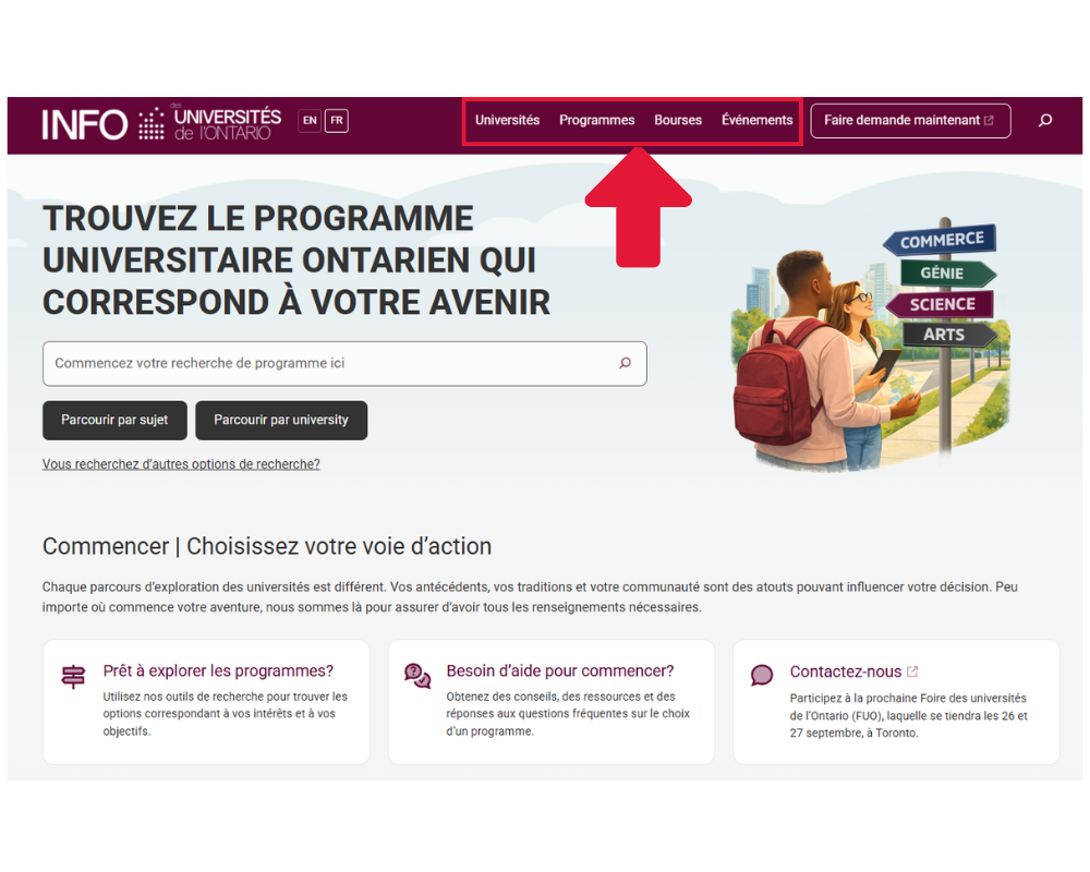 Boutons des universités, des programmes, des bourses d’études et des événements mis en évidence en haut de la page d’accueil d’Info-UO