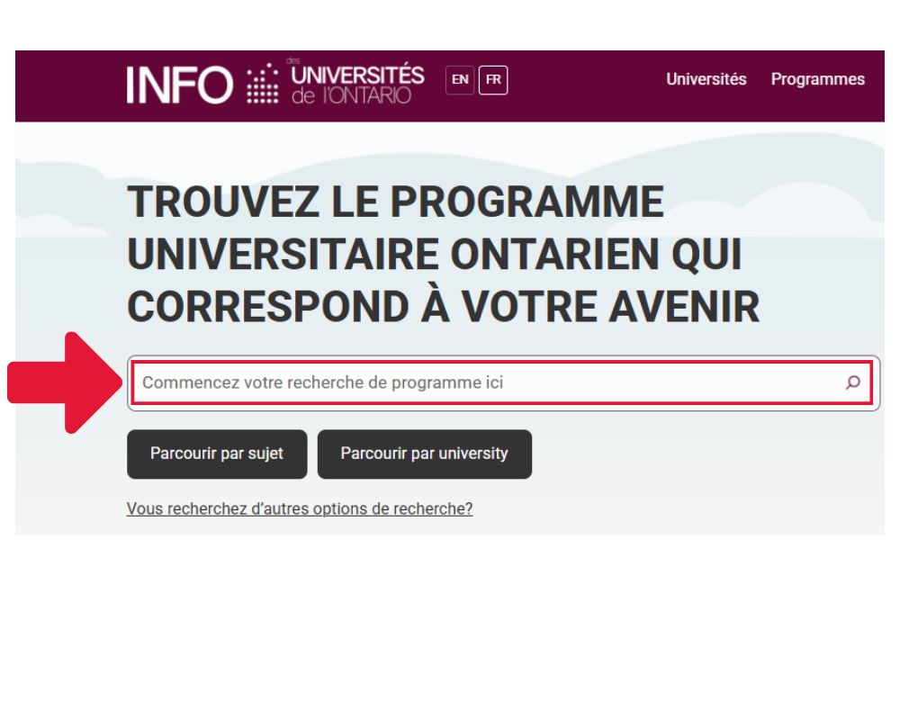 Barre de recherche mise en évidence dans la page d’accueil d’Info-UO