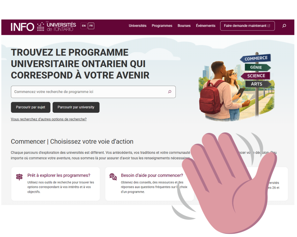 Page d’accueil d’Info-UO avec une main faisant un signe de bienvenue