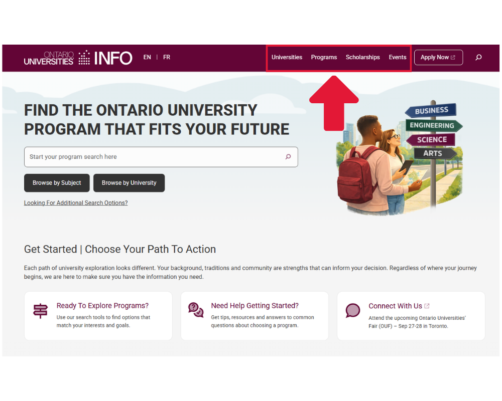 Universities, programs, scholarships and events buttons highlighted at top of OUInfo home page